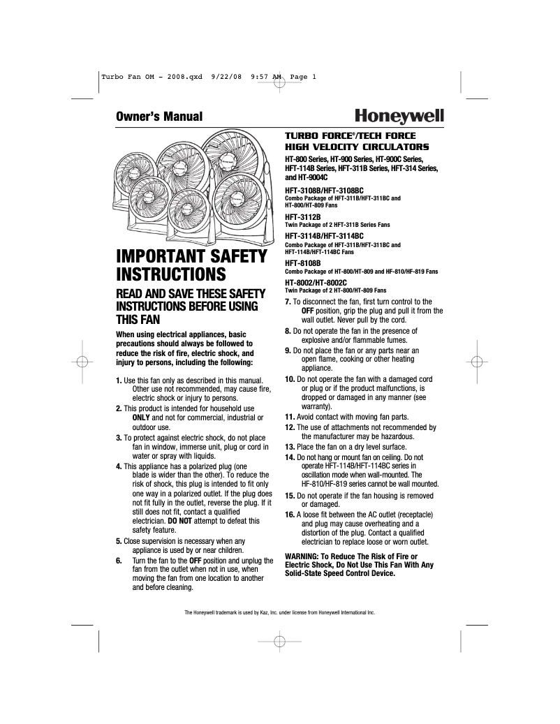 Page n°1 - Manuel utilisateur Honeywell Turbo Force HT-900G
