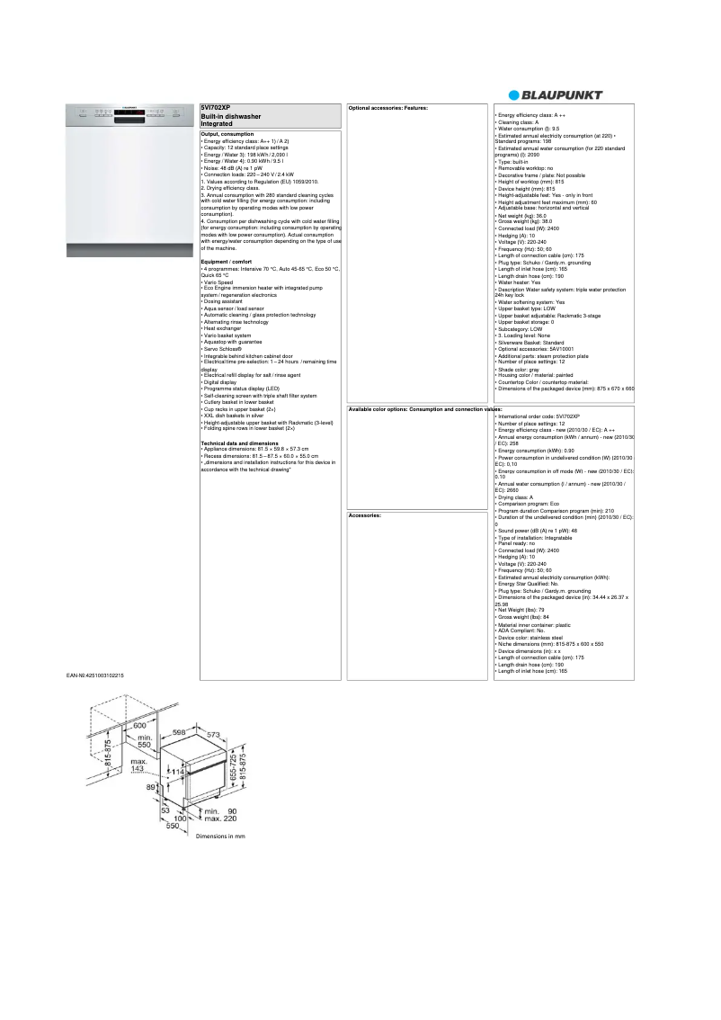 Page 1 de la notice Fiche technique Blaupunkt 5VI 702XP