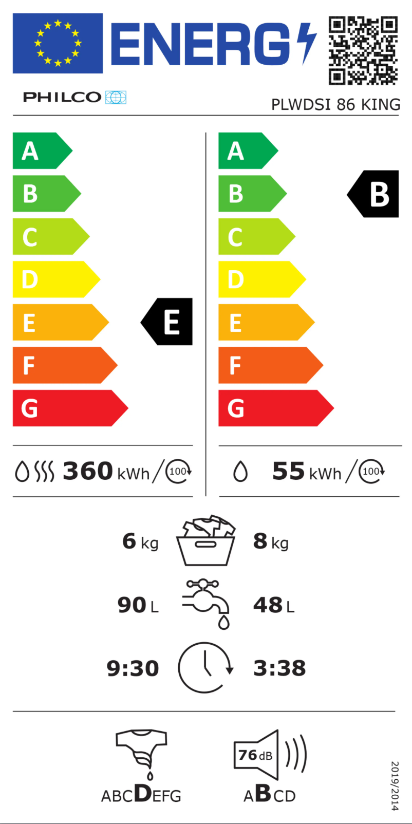 Page 1 de la notice Label énergétique Philco PLWDSI 86 King