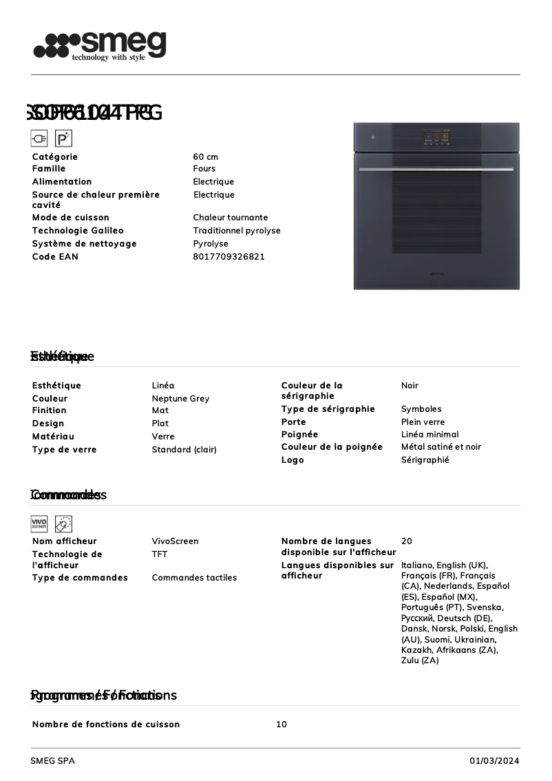 Page 1 de la notice Fiche technique Smeg SOP6104TPG