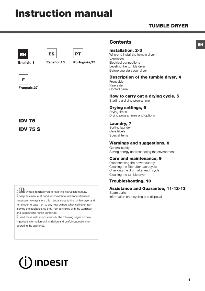 Image de la première page du manuel de l'appareil IDV 75 (ZA)