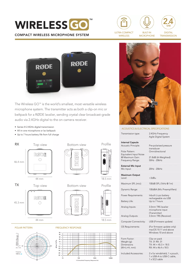 Page 1 de la notice Fiche technique Røde Wireless Go
