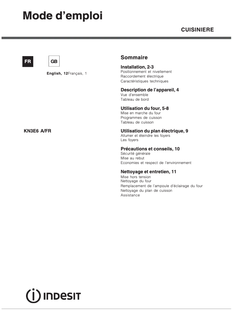 Page 1 de la notice Manuel utilisateur Indesit KN3E6A(W)/FR