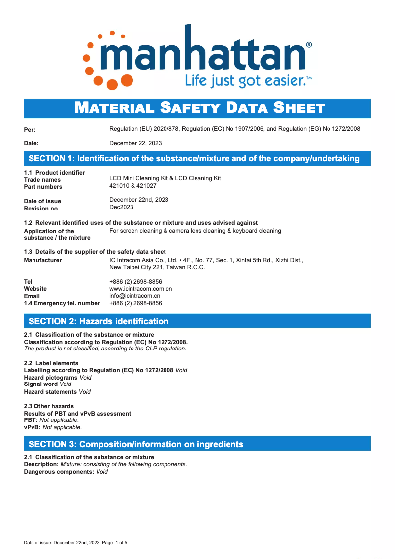 Page 1 de la notice Instructions de sécurité Manhattan 421027
