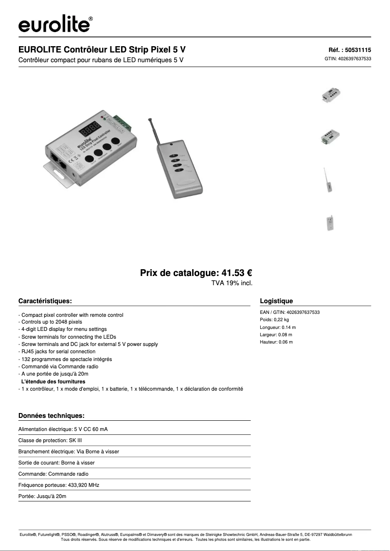 Page 1 de la notice Fiche technique Eurolite LED Strip Pixel 5V Controller
