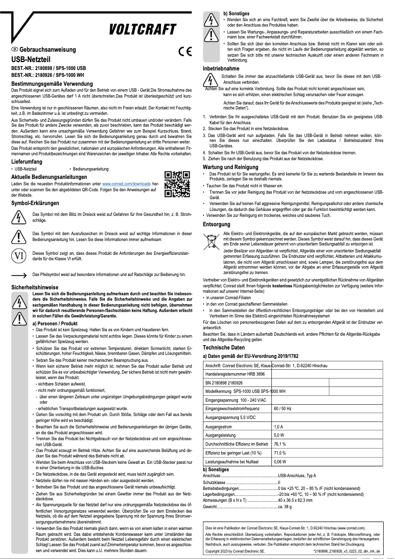 Page 1 de la notice Manuel utilisateur Voltcraft SPS-1000