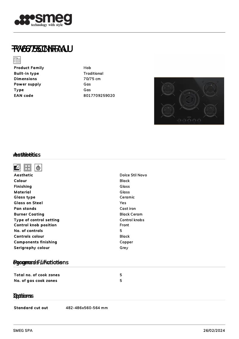 Page 1 de la notice Fiche technique Smeg PV675CNRAU