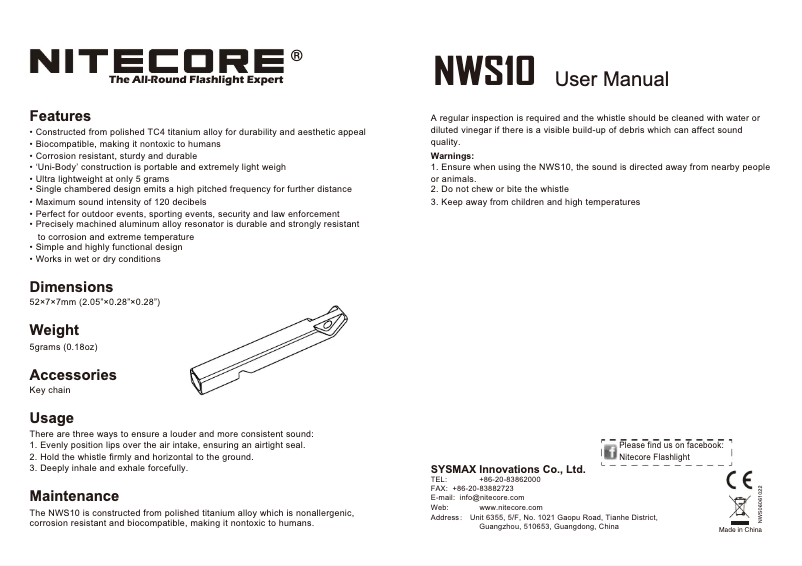 Page n°1 - Manuel utilisateur Nitecore NWS10