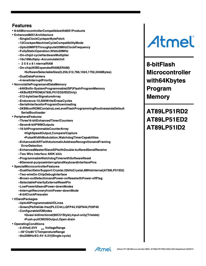 Page 1 de la notice Fiche technique Microchip AT89LP51ID2
