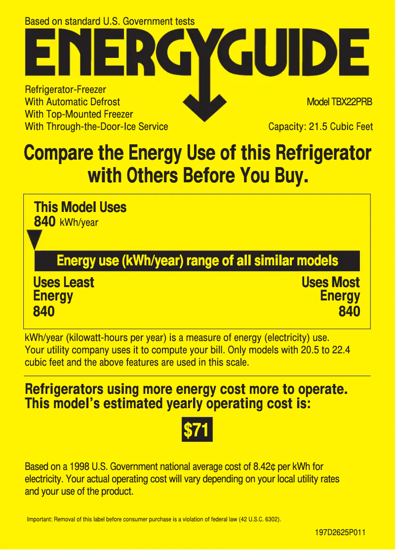 Page 1 de la notice Label énergétique GE Profile TBX22PRBLCC