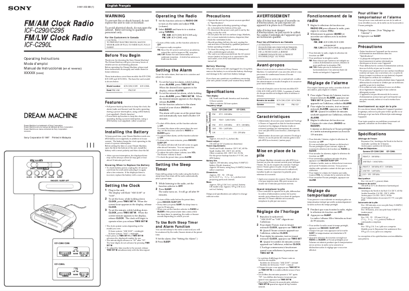 Page 1 de la notice Manuel utilisateur Sony ICF-C290