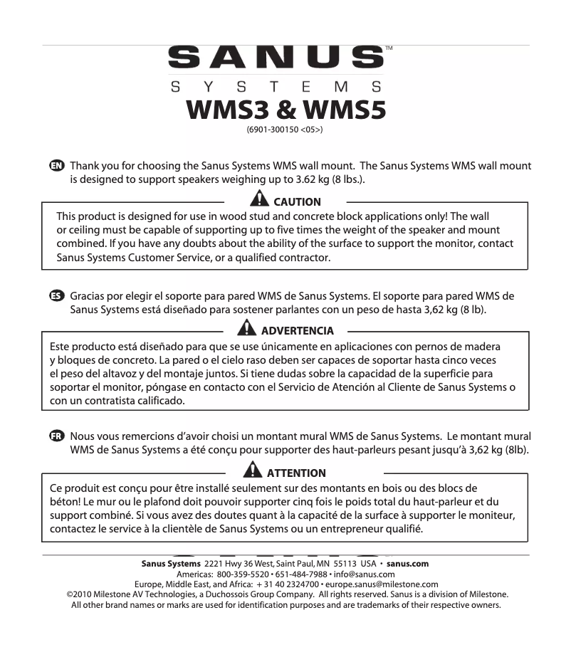 Page n°1 - Manuel utilisateur Sanus WMS5