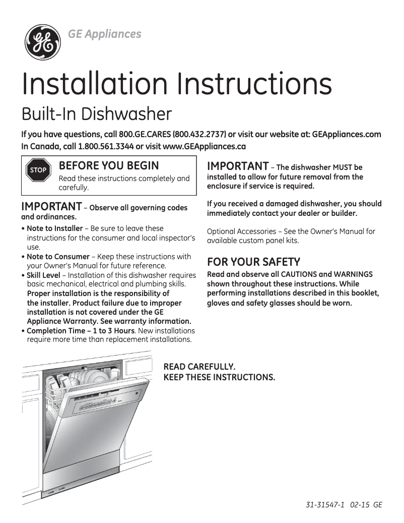 Page 1 de la notice Guide d'installation GE GSD3300DCC