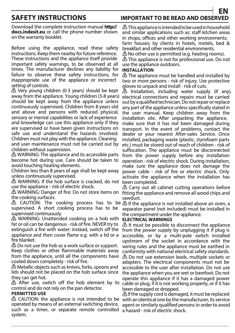Page 1 de la notice Fiche technique Indesit VIA 640.1 C