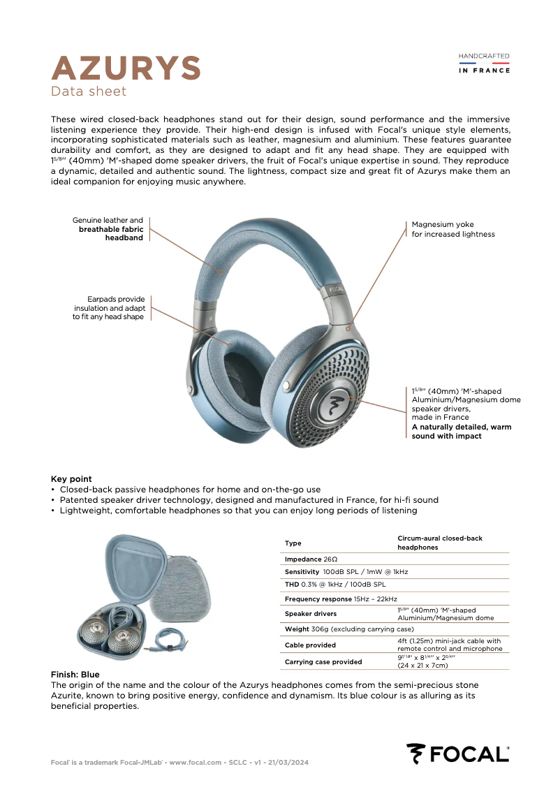 Page n°1 - Fiche technique Focal Azurys
