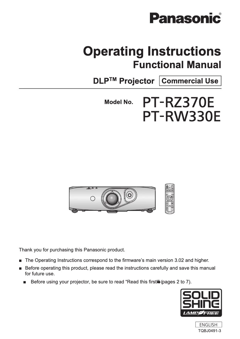 Page 1 de la notice Manuel utilisateur Panasonic PT-RW330E