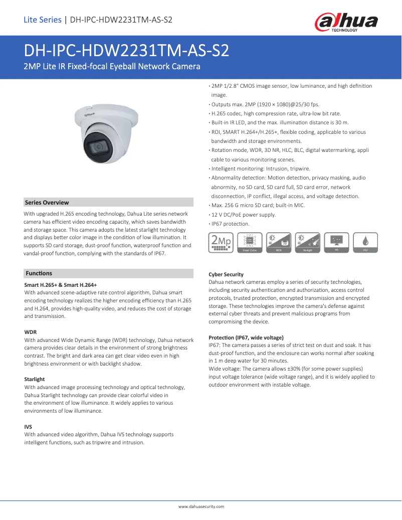 Page n°1 - Fiche technique Dahua Technology IPC-HDW2231TM-AS-S2