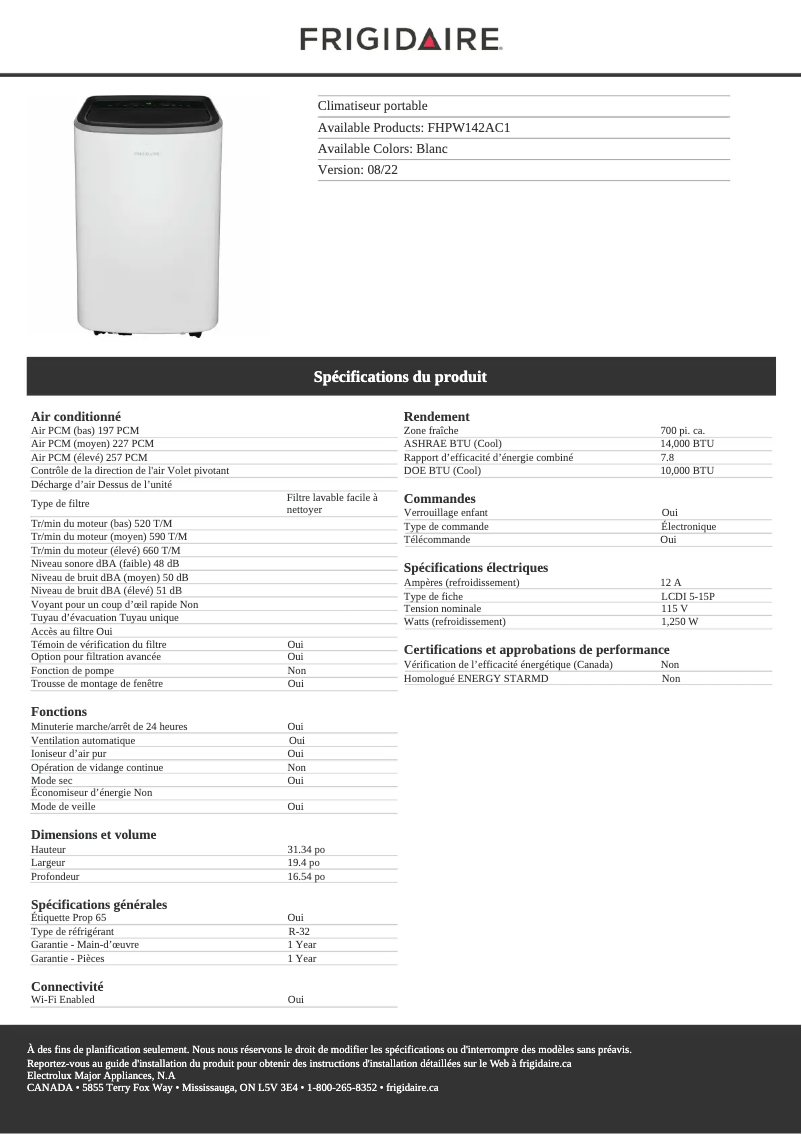 Page 1 de la notice Fiche technique Frigidaire FHPW142AC1