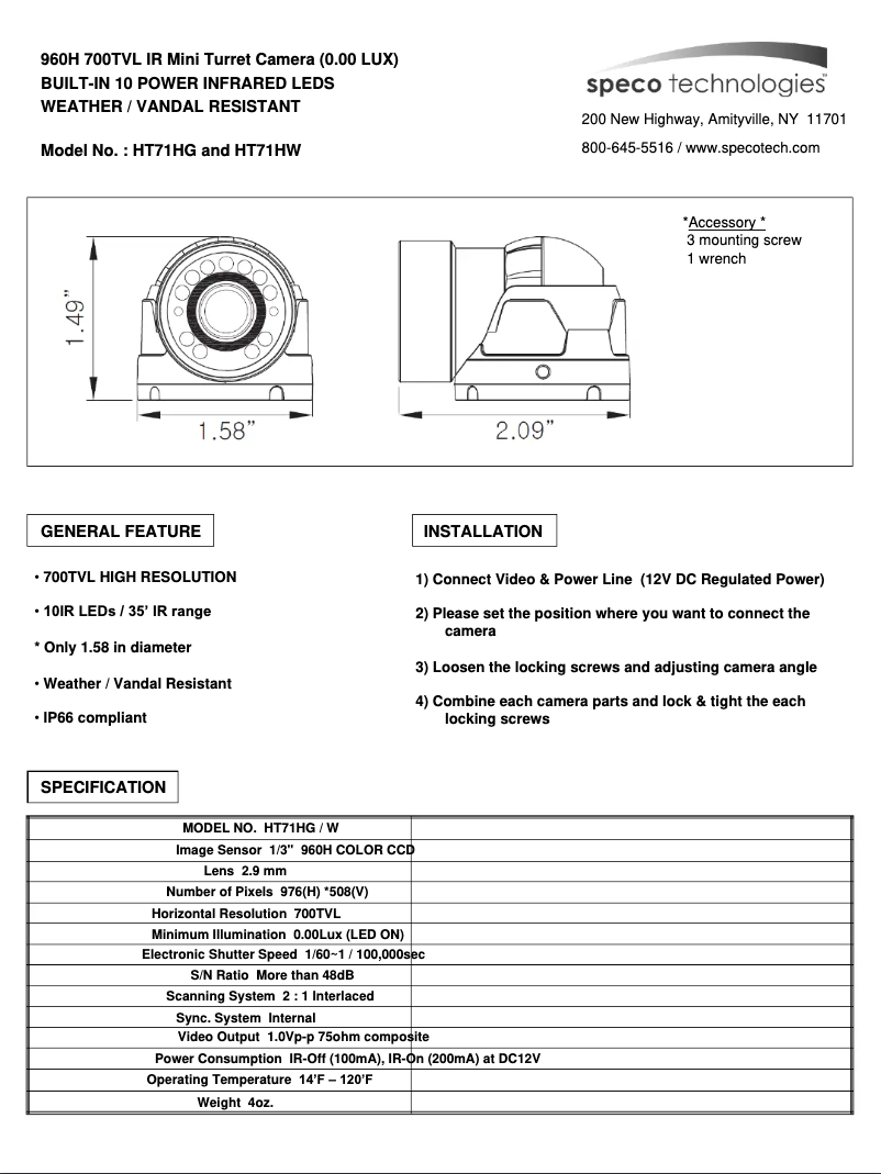 Page 1 de la notice Manuel utilisateur Speco Technologies HT71HW