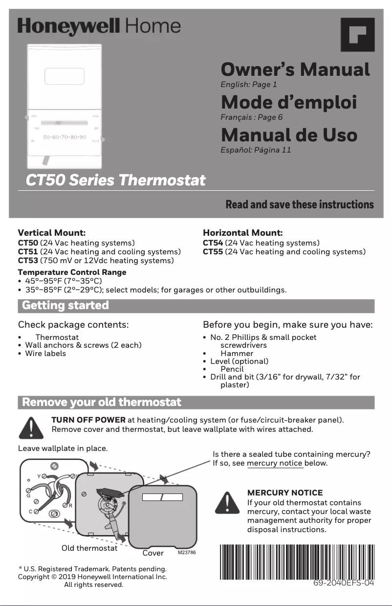 Page n°1 - Manuel utilisateur Honeywell CT53K1006/E