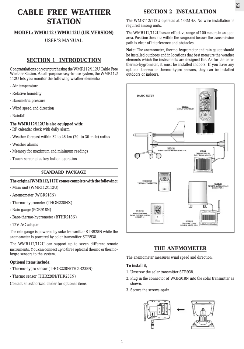 Page n°1 - Manuel utilisateur Oregon Scientific WMR 112