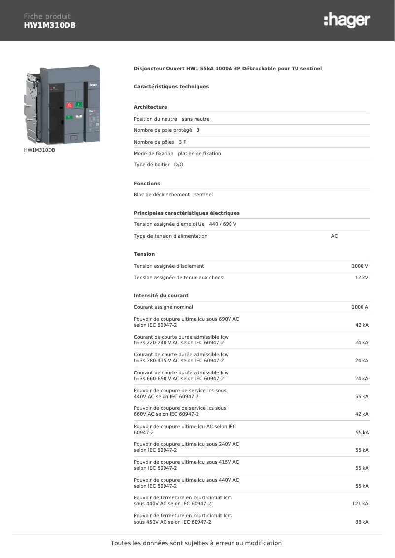 Page n°1 - Fiche technique Hager HW1M310DB