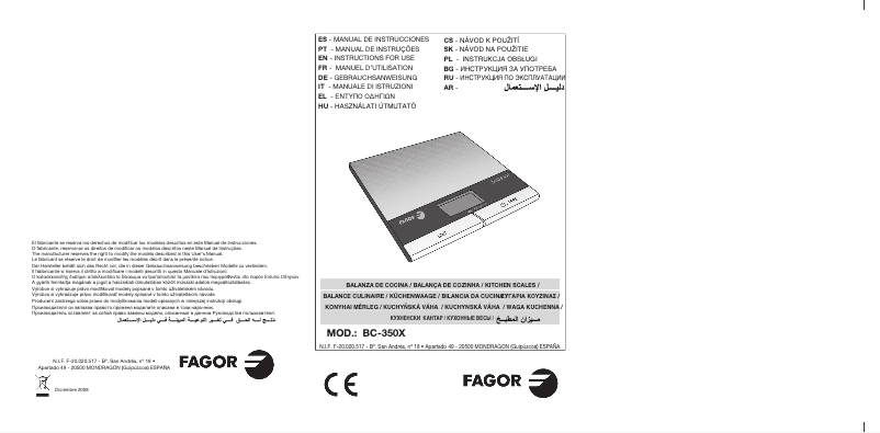 Page 1 de la notice Manuel utilisateur Fagor BC-350X