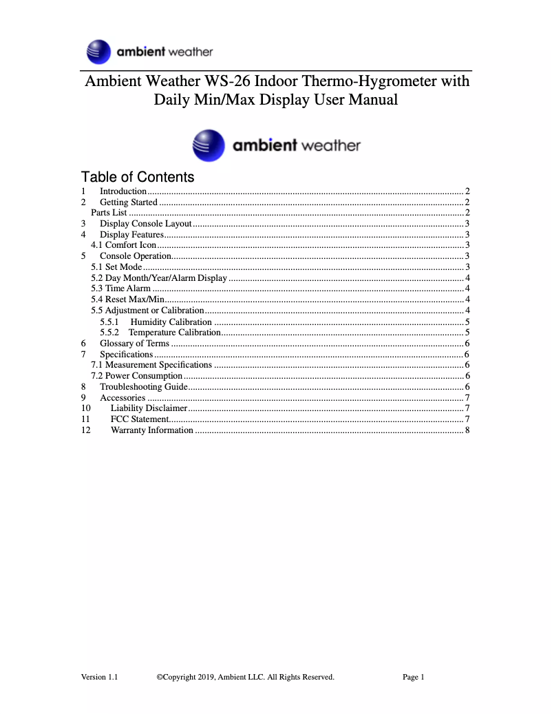 Page n°1 - Manuel utilisateur Ambient Weather WS-26