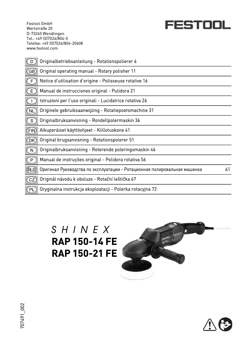 Page 1 de la notice Manuel utilisateur Festool RAP 150-21 FE-Set Wood