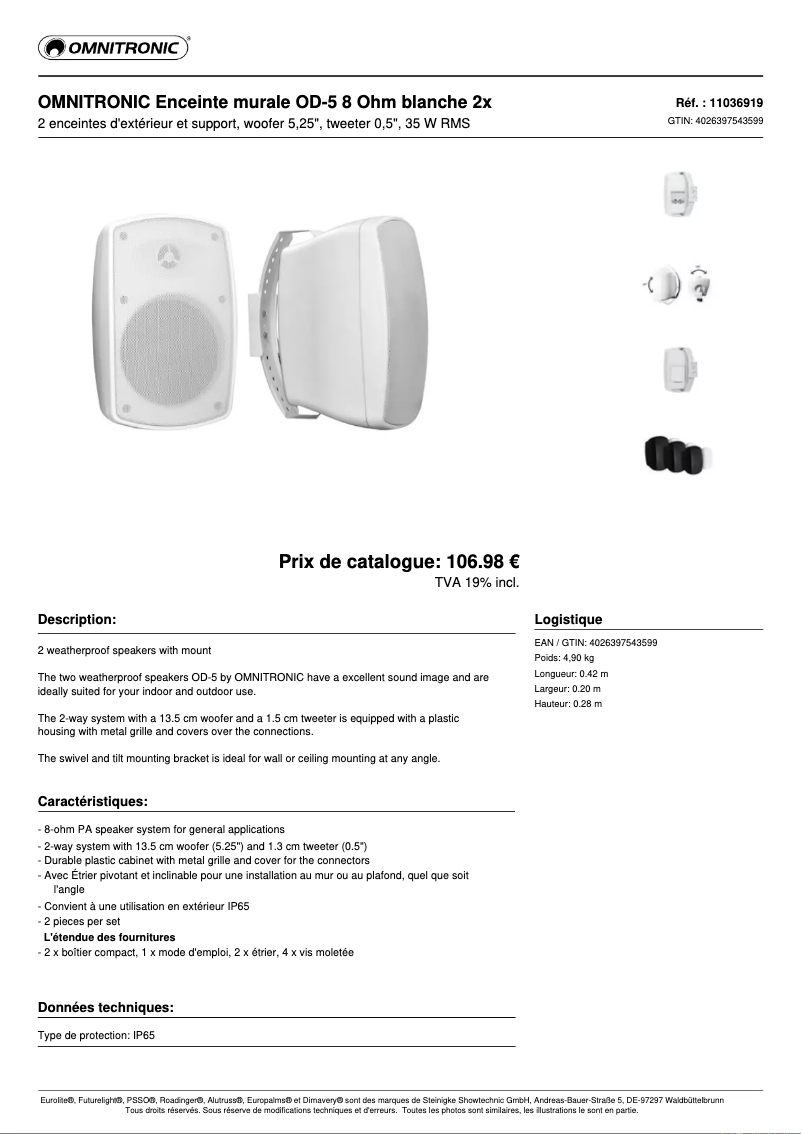 Page n°1 - Fiche technique Omnitronic OD-5