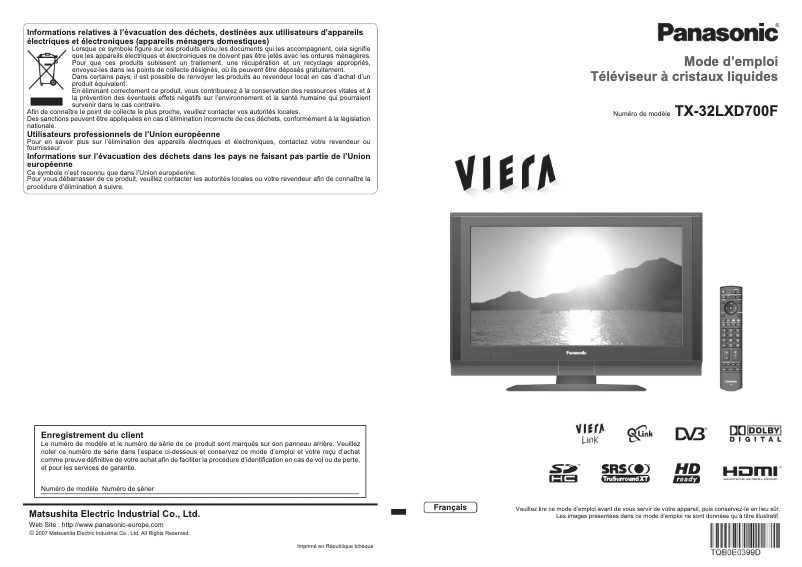 Page 1 de la notice Manuel utilisateur Panasonic Viera TX-32LXD700F