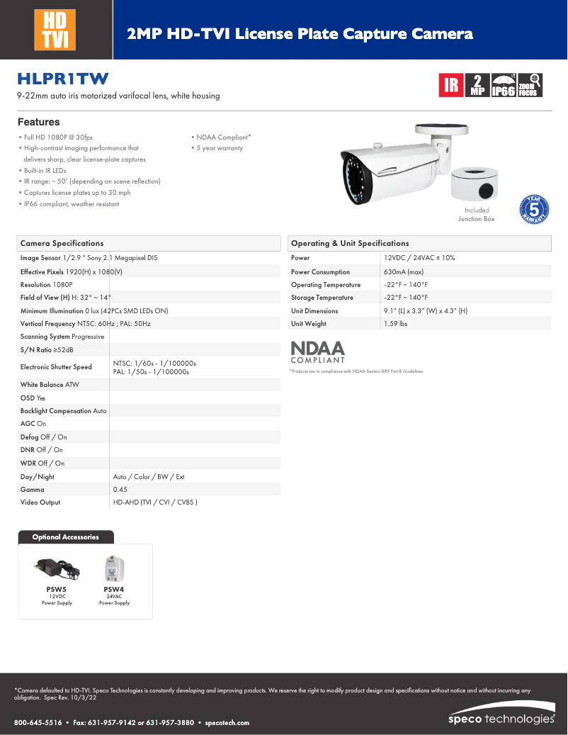 Page 1 de la notice Fiche technique Speco Technologies HLPR1TW