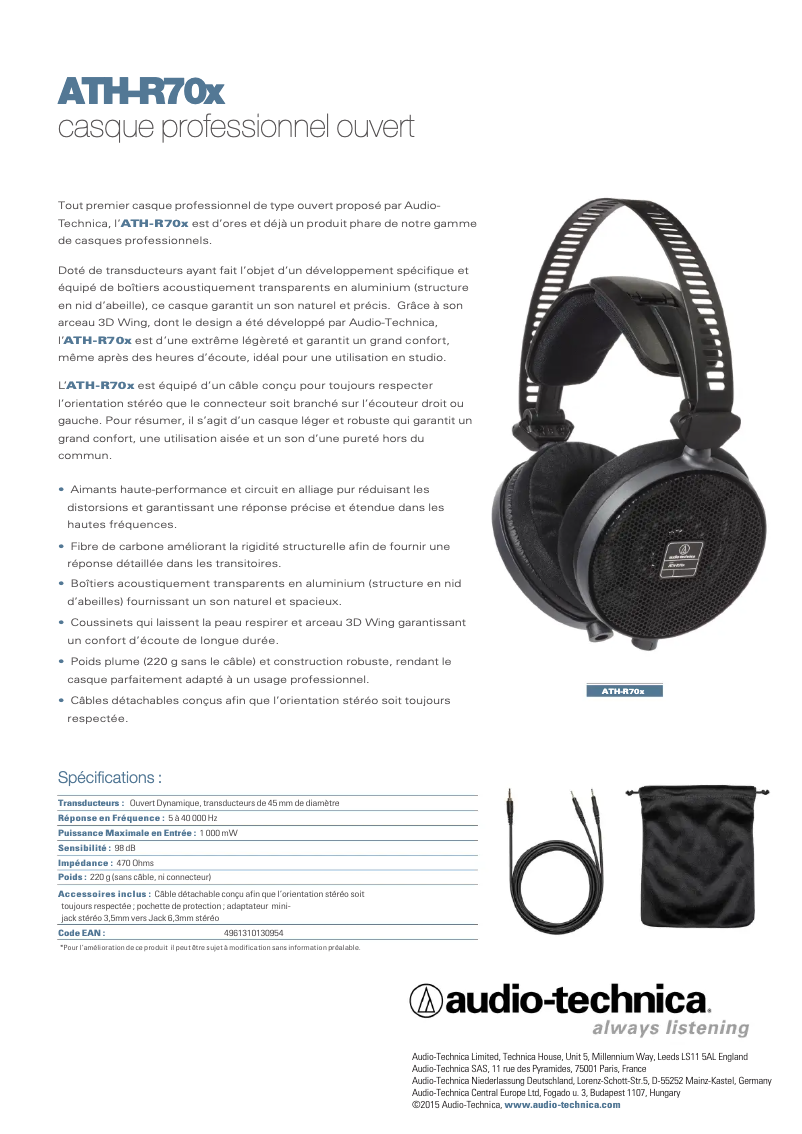Page 1 de la notice Fiche technique Audio-Technica ATH-R70x