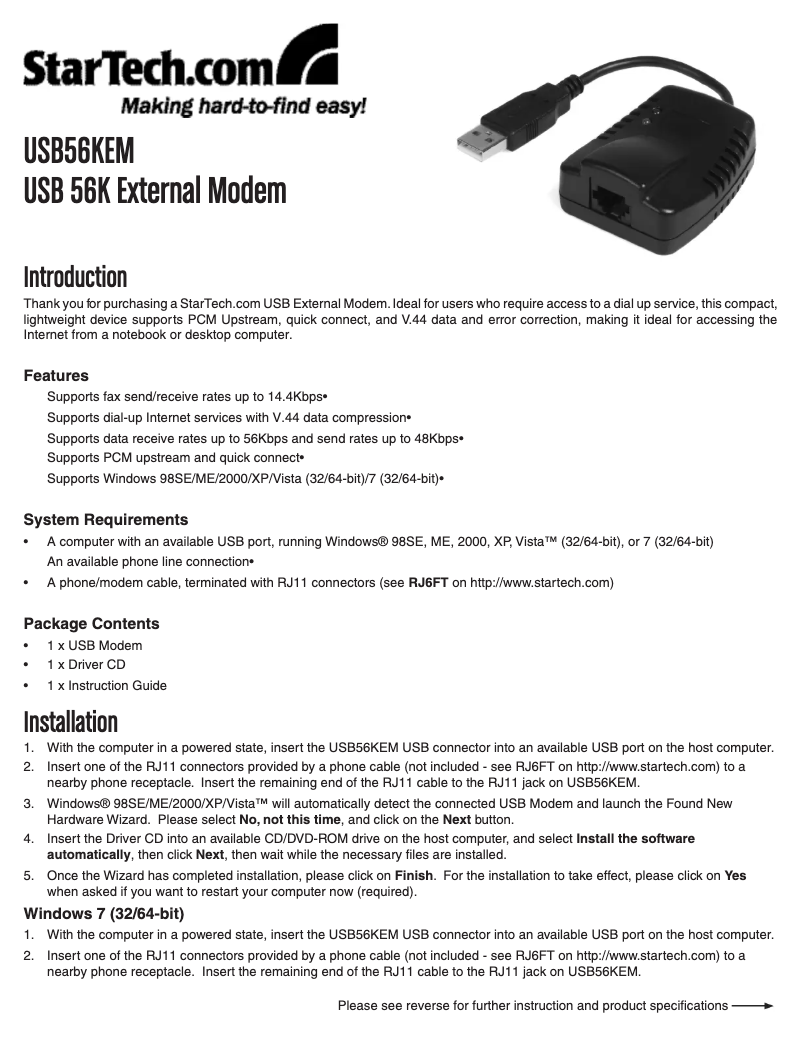 Page 1 de la notice Manuel utilisateur StarTech.com USB56KEM