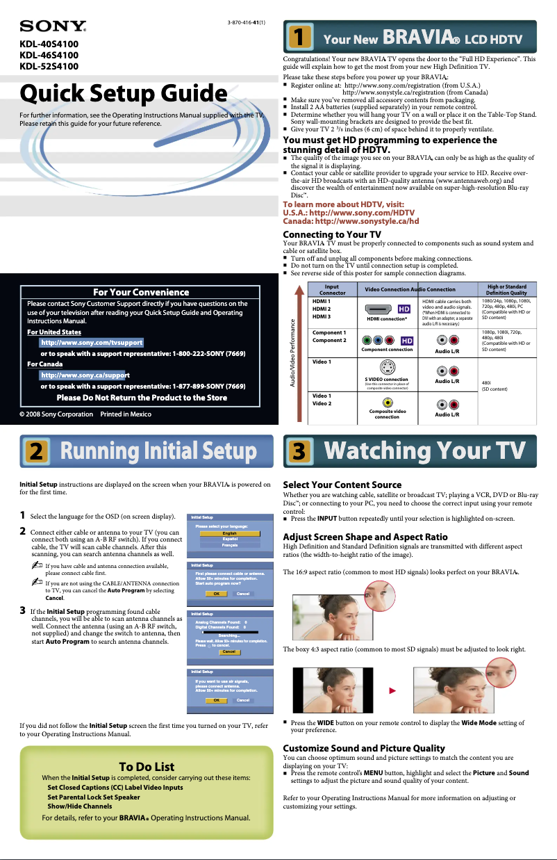 Page n°1 - Guide d'installation Sony Bravia KDL-46S4100