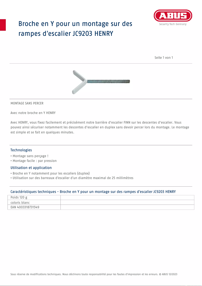 Page n°1 - Fiche technique Abus JC9203