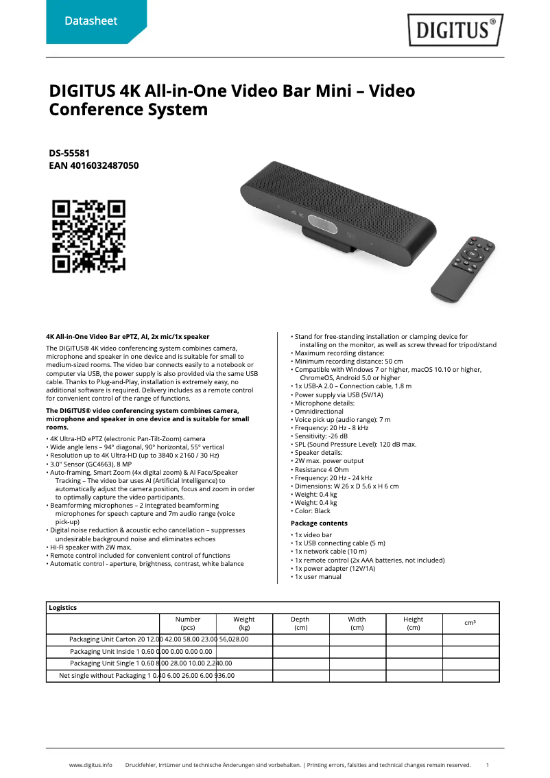 Page 1 de la notice Fiche technique Digitus DS-55581