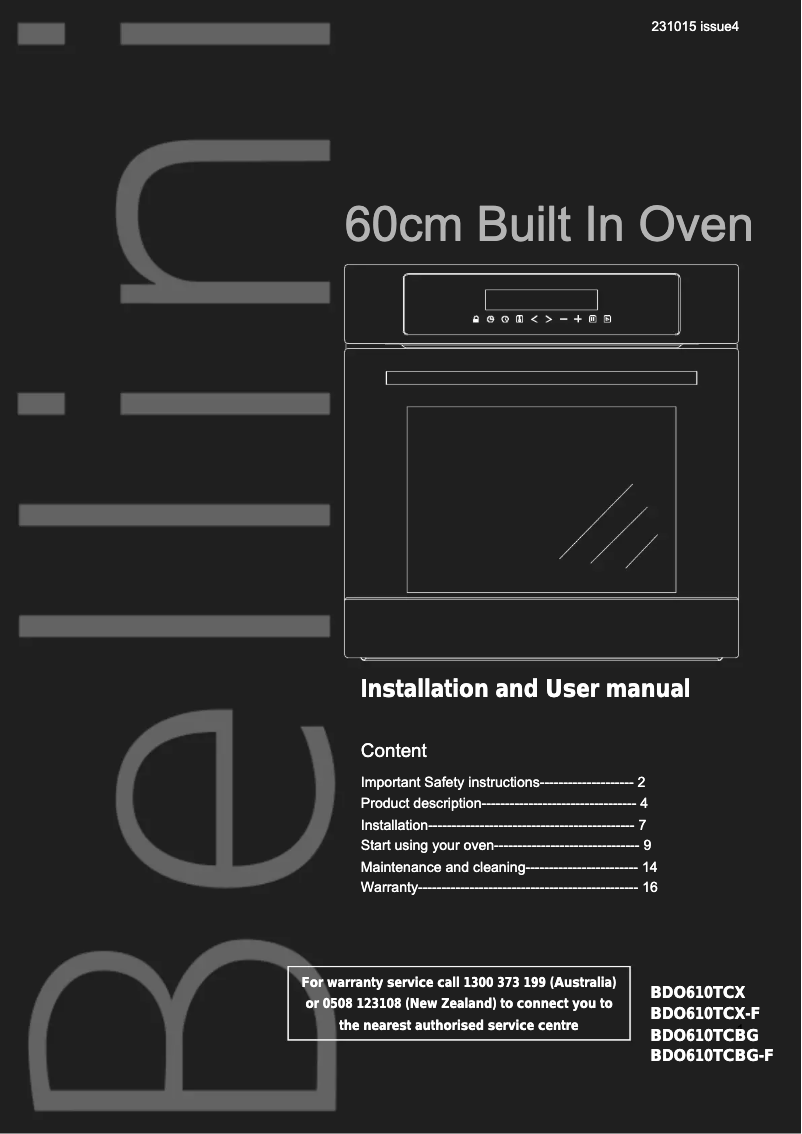 Page 1 de la notice Manuel utilisateur Bellini BDO610TCBG-F