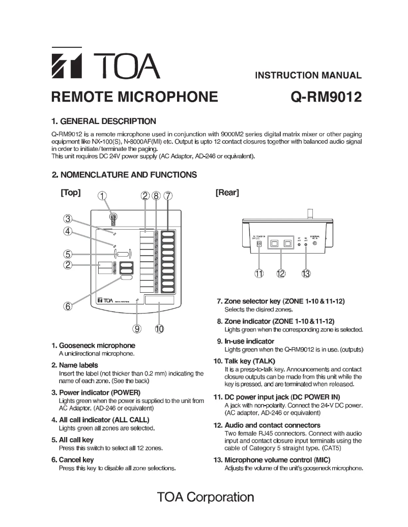 Page n°1 - Manuel utilisateur TOA Q-RM9012