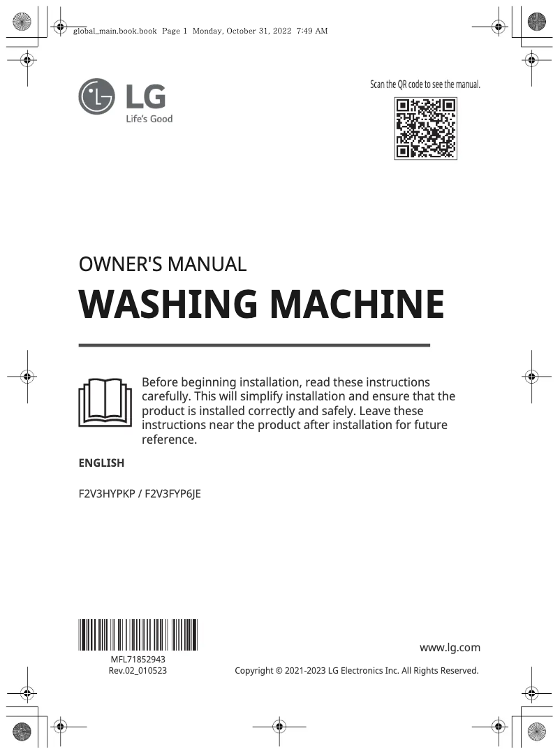 Page 1 de la notice Manuel utilisateur LG F2V3FYP6JE