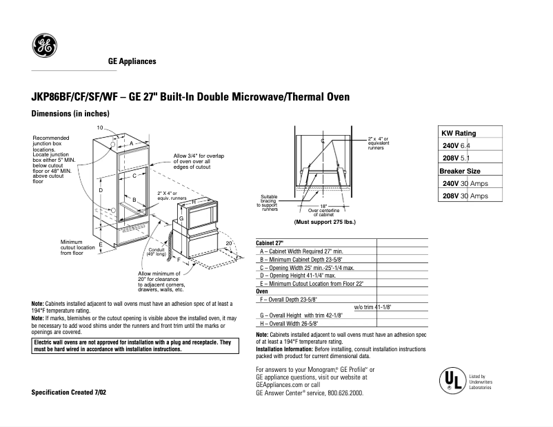 Page n°1 - Fiche technique GE JKP86SFSS