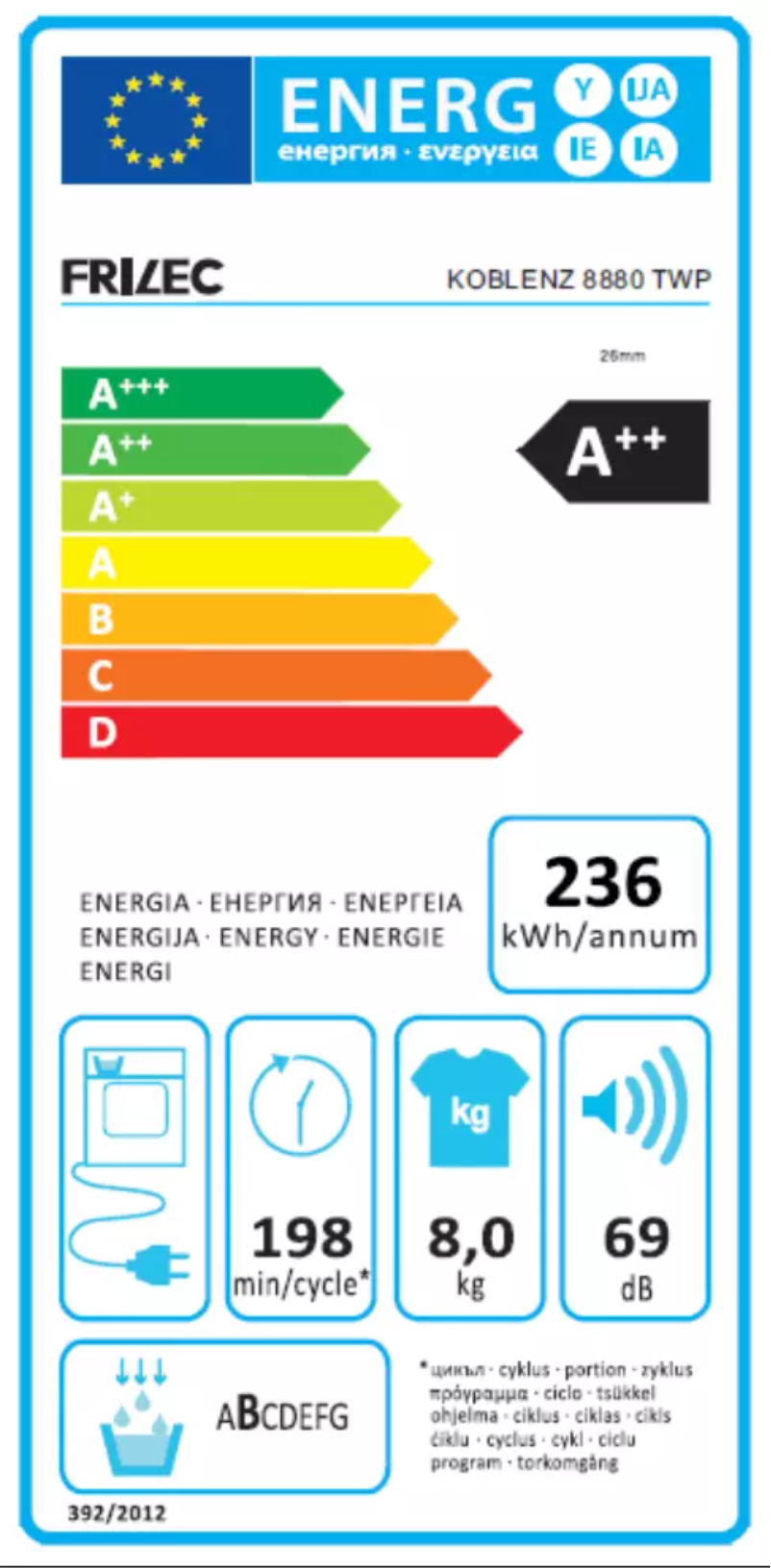 Page 1 de la notice Label énergétique Frilec KOBLENZ8880TWP