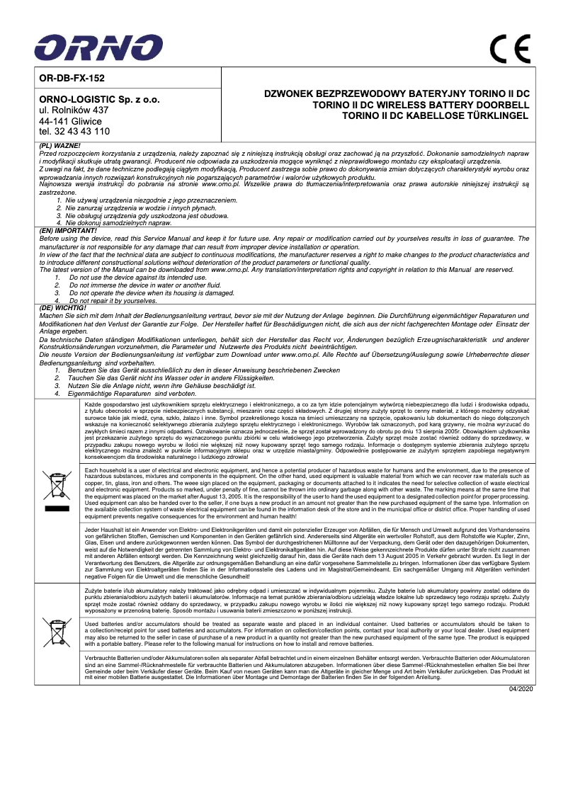 Page n°1 - Manuel utilisateur ORNO OR-DB-FX-152