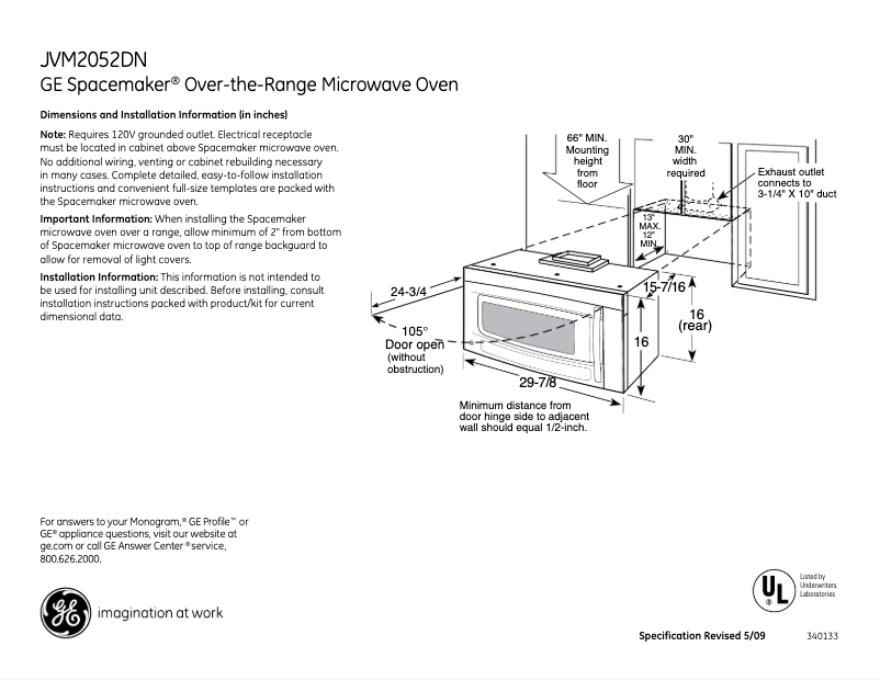 Page n°1 - Fiche technique GE Spacemaker JVM2052DNBB