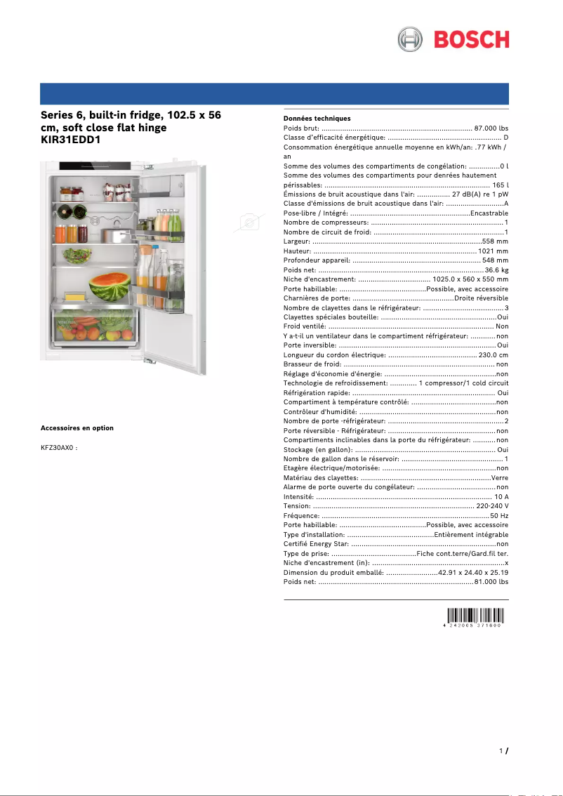 Page n°1 - Fiche technique Bosch KIR31EDD1