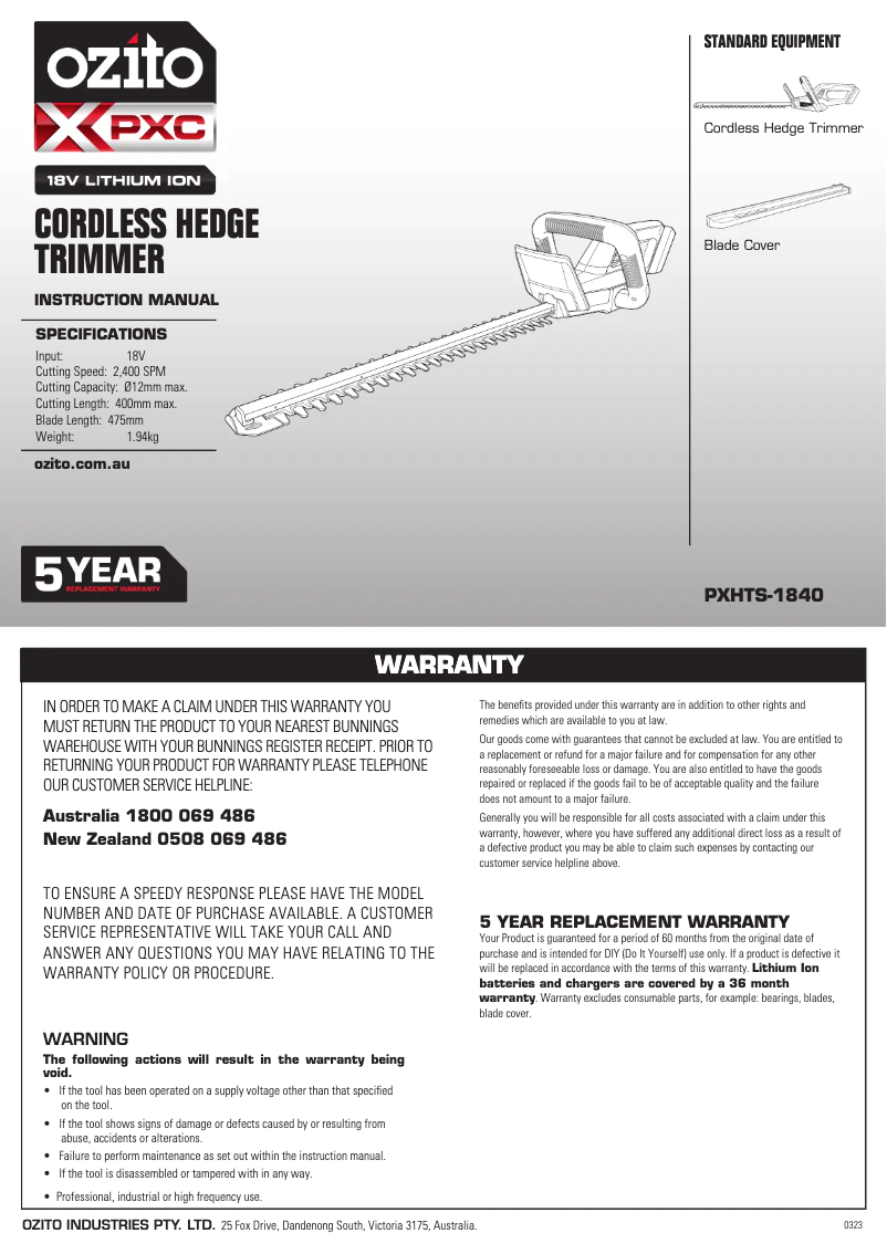 Page 1 de la notice Manuel utilisateur Ozito PXHTK-400