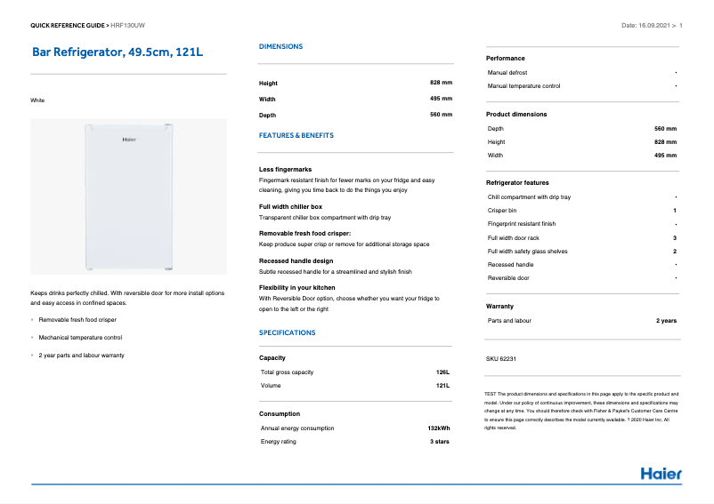 Page n°1 - Informations de garantie Haier HRF130UW