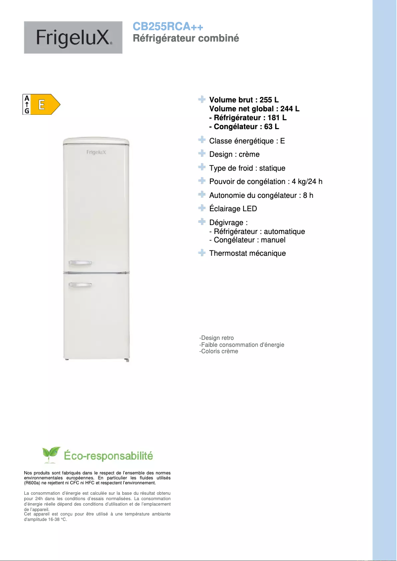 Página 1 del manual Ficha técnica FrigeluX CB255RCA++