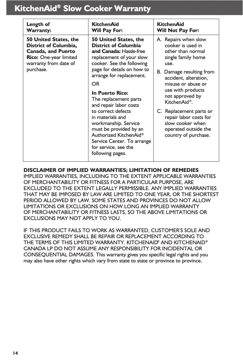 Page n°1 - Informations de garantie KitchenAid KSC6223SS