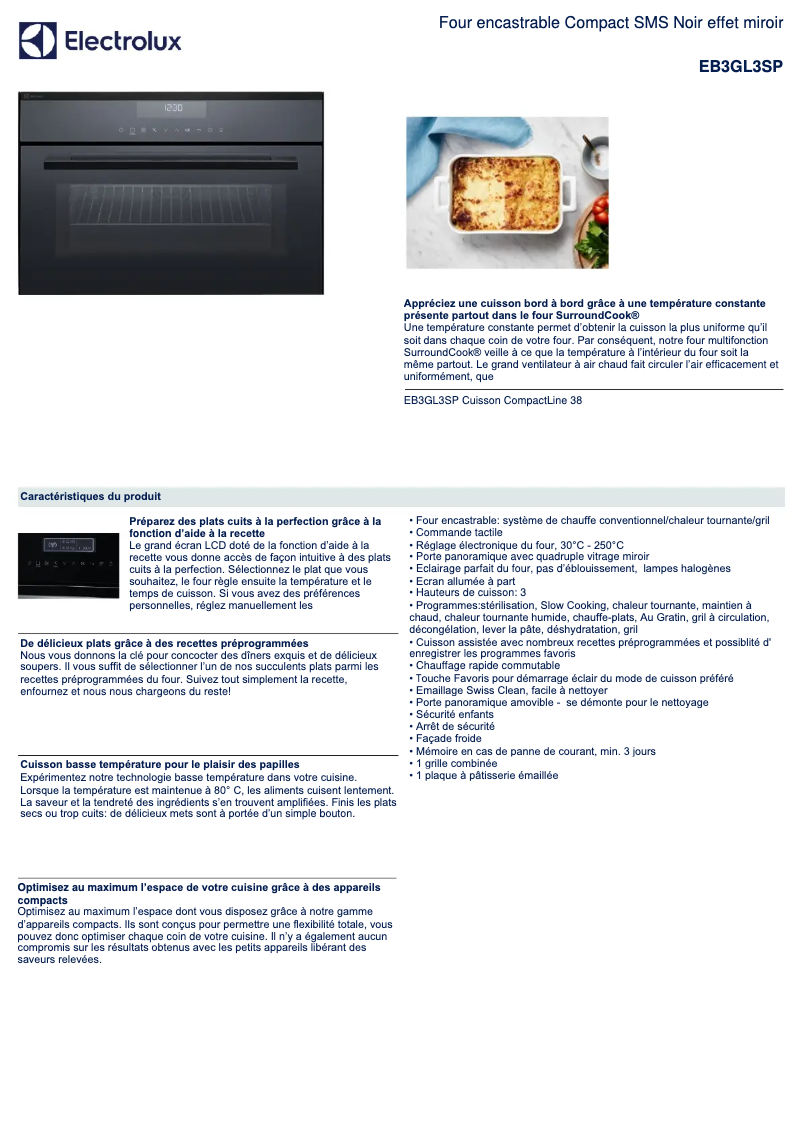 Page 1 de la notice Fiche technique Electrolux EB3GL3SP